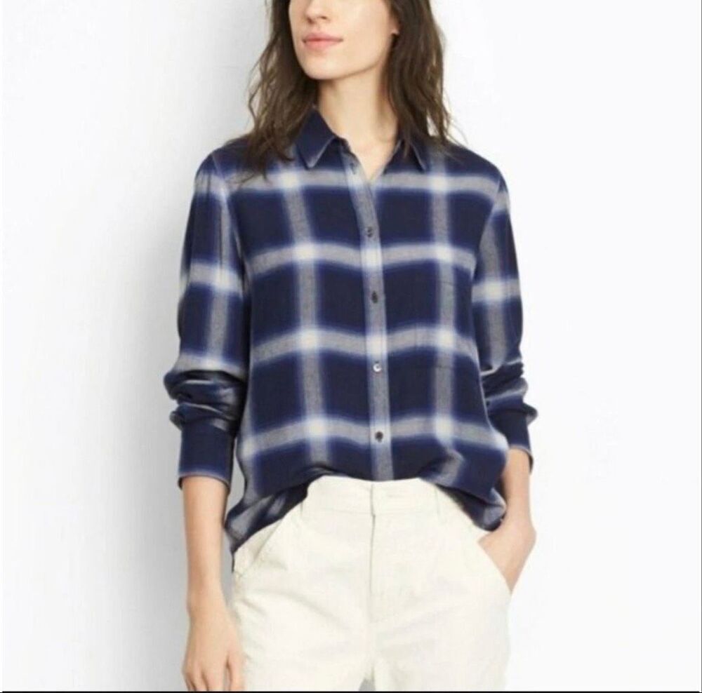 Vince Soft Relaxed Brushed Blue Plaid Button Down Size Medium